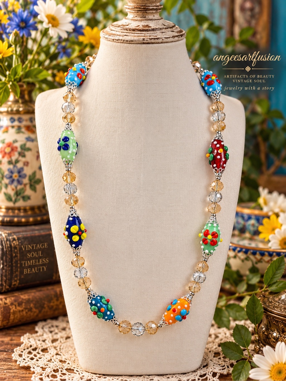 Vintage Lampwork Glass Necklace, Champagne Crystal Beads | Silver-Tone Filigree
